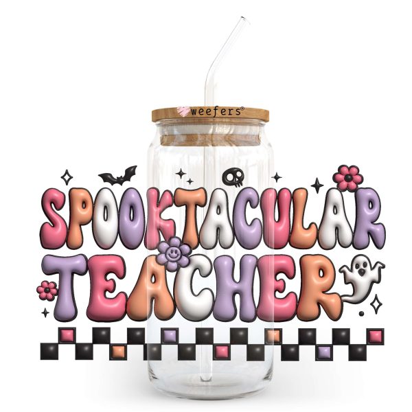 3D Spooktacular Teacher Halloween 20oz Libbey Glass Can UV DTF or Sublimation Wrap - Decal Sale