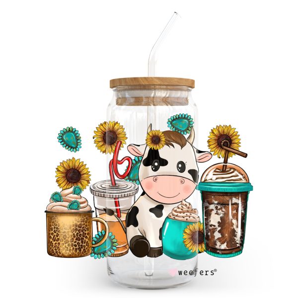 Western Sunflower Cow 20oz Libbey Glass Can, 34oz Hip Sip, 40oz Tumbler UV DTF or Sublimation Decal Transfer Cheap