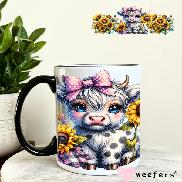 Sunflower Baby Pink Black Highlander Cow Western UV DTF Cup Wrap Online Sale - Image 4