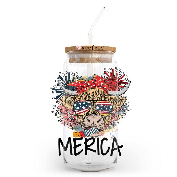 4th of July Highlander Cow America 20oz Libbey Glass Can, 34oz Hip Sip, 40oz Tumbler UV DTF or Sublimation Decal Transfer For Sale