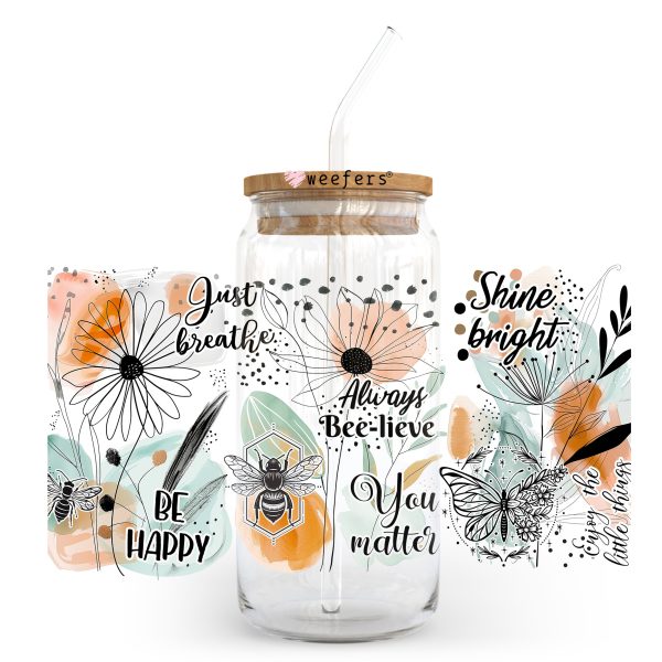 Be Happy Just Breathe Shine Bright 20oz Libbey Glass Can UV DTF or Sublimation Wrap Transfer For Cheap