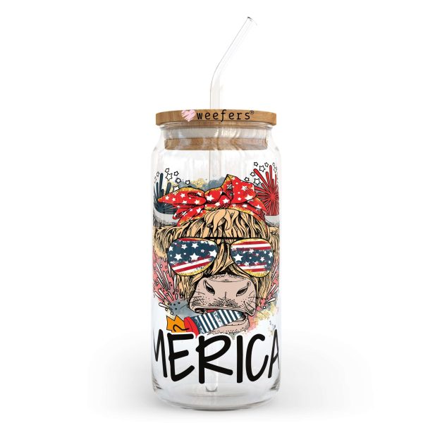4th of July Highlander Cow America 20oz Libbey Glass Can, 34oz Hip Sip, 40oz Tumbler UV DTF or Sublimation Decal Transfer For Sale - Image 2
