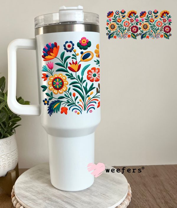 Colorful Faux Embroidered Mexican Flowers UV DTF Cup Wrap Cheap - Image 3
