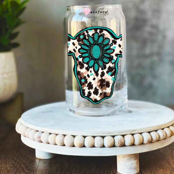 Cow Head Turquoise 16oz Libbey Glass Can UV DTF or Sublimation Wrap Decal Transfer Online - Image 3