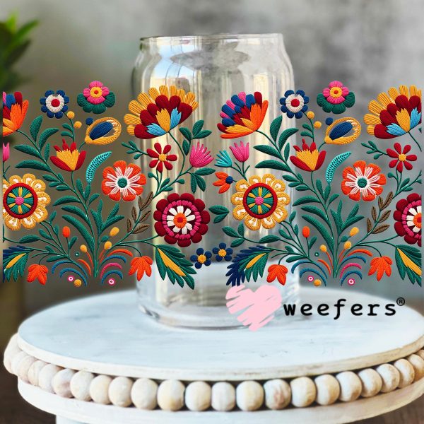 Colorful Faux Embroidered Mexican Flowers UV DTF Cup Wrap Cheap