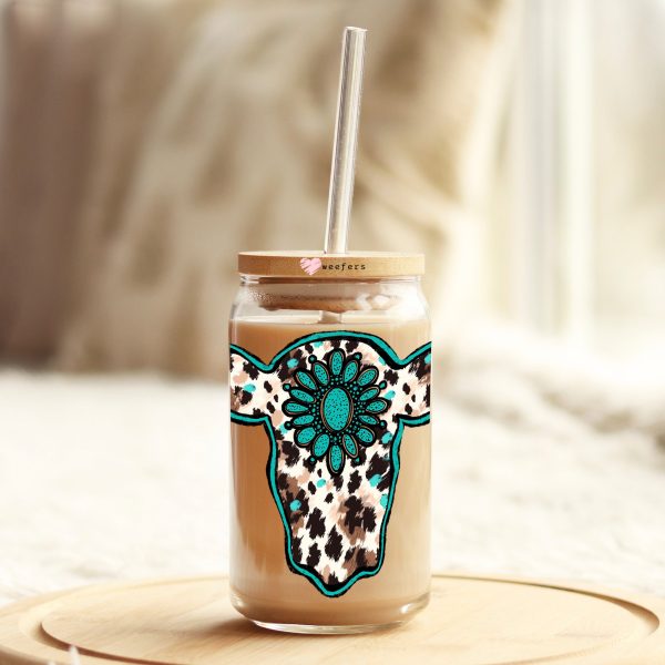 Cow Head Turquoise 16oz Libbey Glass Can UV DTF or Sublimation Wrap Decal Transfer Online - Image 2