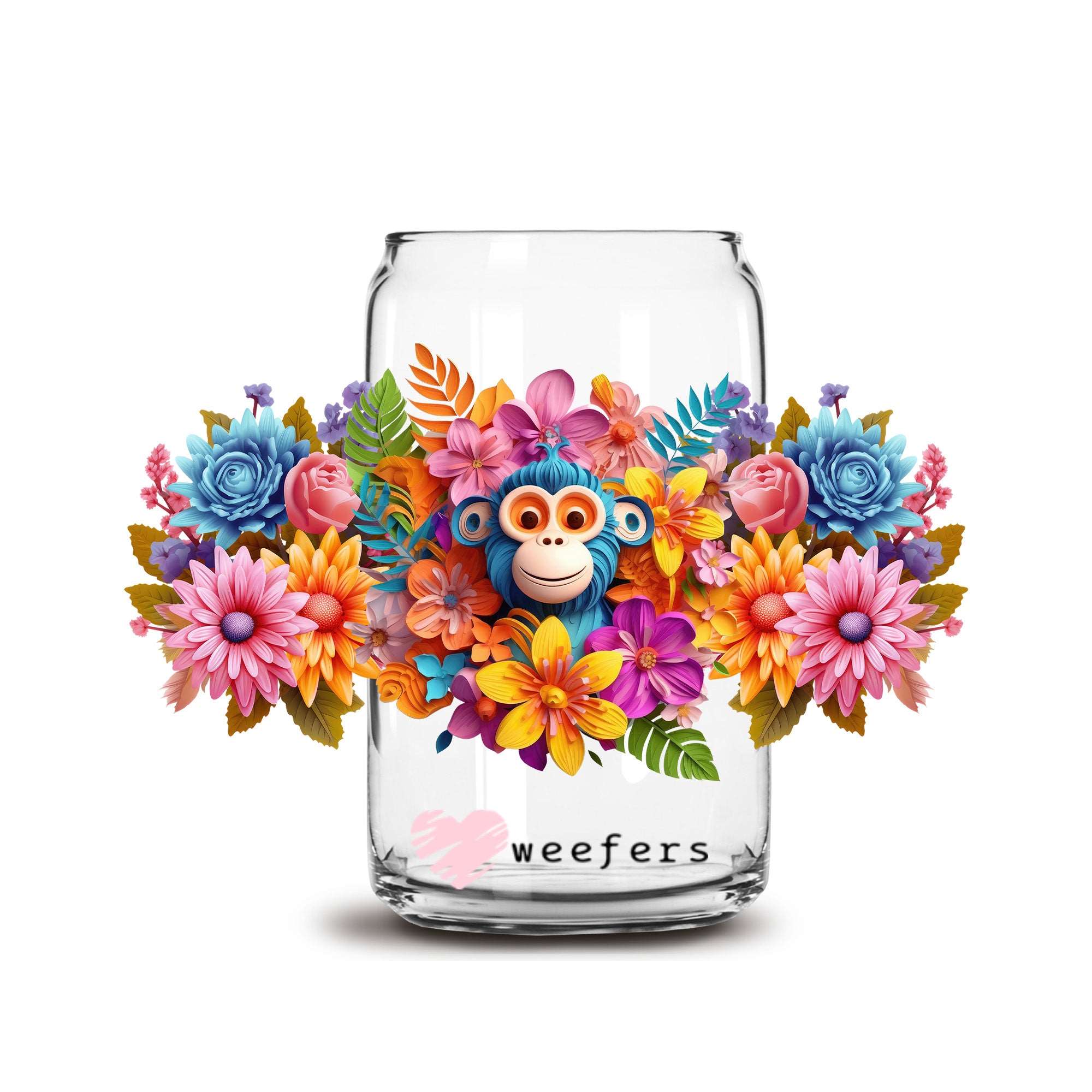 3D Monkey Floral 16oz Libbey Glass Can UV DTF or Sublimation Cup Wrap – Decal Transfer Discount