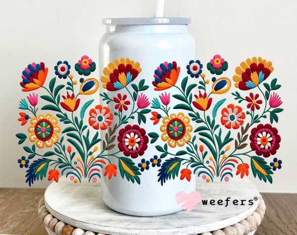 Colorful Faux Embroidered Mexican Flowers UV DTF Cup Wrap Cheap - Image 2