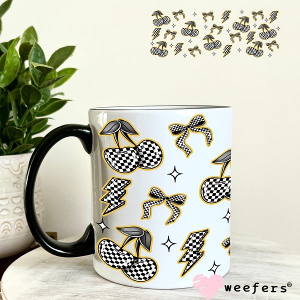 Yellow Black and White Checkered Cherries and Bows UV DTF Cup Wrap - WEEFERS EXCLUSIVE WRAP Online - Image 4