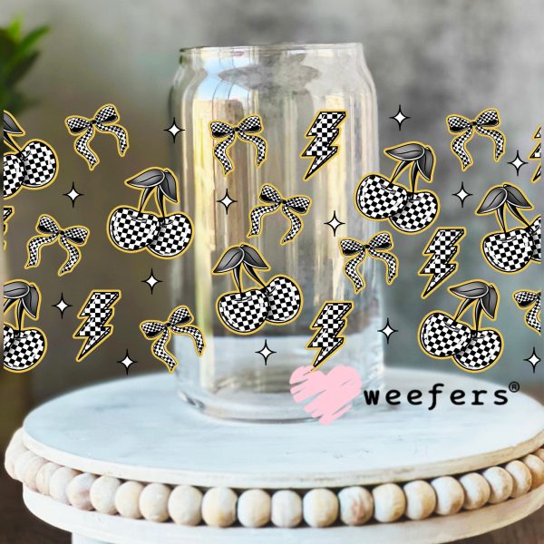 Yellow Black and White Checkered Cherries and Bows UV DTF Cup Wrap - WEEFERS EXCLUSIVE WRAP Online